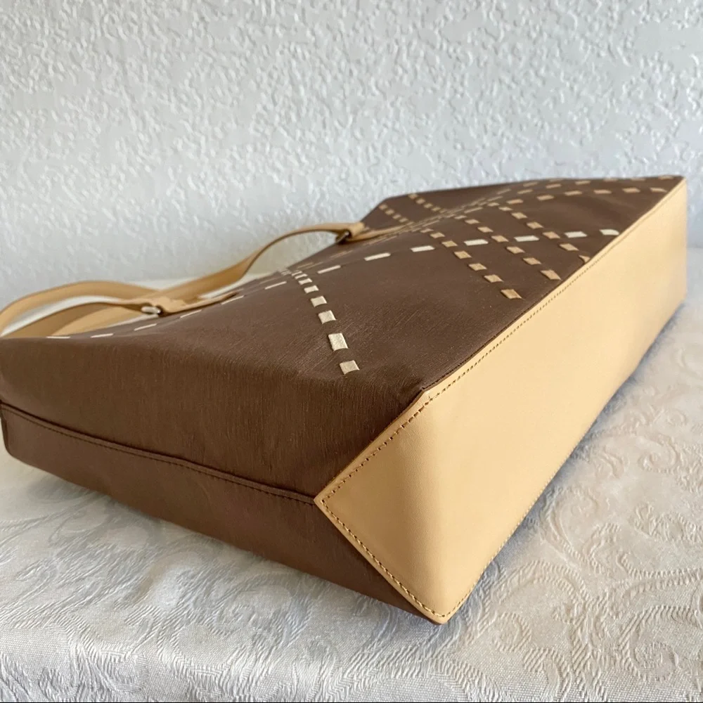 Burberry Brown Tote with Tan Strap and Plaid Cutout Detail